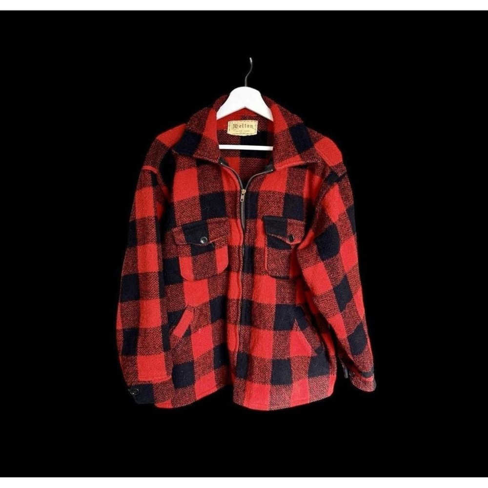 Vintage 70s Melton Zip Jacket Red Plaid Wool Mackinaw‎ Hunting Coat Sz L/XL